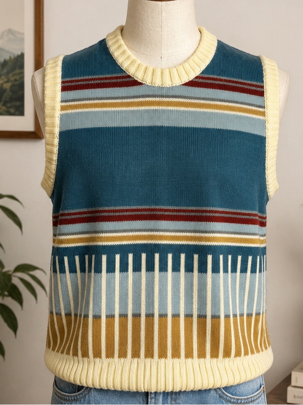 Vintage Kimlon Striped Sweater Vest Retro Preppy Grandpa Knit Sleeveless Top